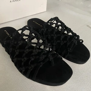 NEW Etienne Aigner Barbados Woven Leather Thong Sandals Size 6 Women's Black - Picture 1 of 8