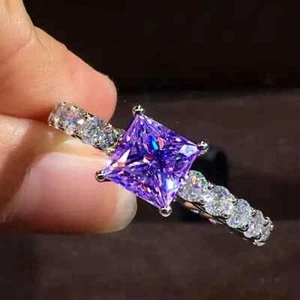 Elegant 925 Sterling Silver Purple Amethyst White Topaz Engagement Ring Size 8 - Picture 1 of 1