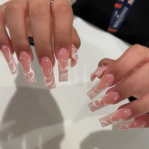 Pearl Pink Long Fake Nails French Tips Ballerina Manicure for Women - Picture 1 of 12