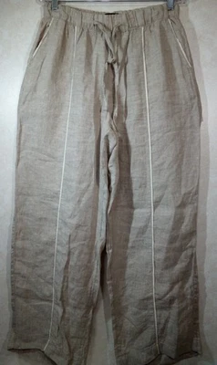 Tahari Pants Women M Gray Linen Wide Leg Elastic Drawstring Waist Pockets - Image 1 of 4