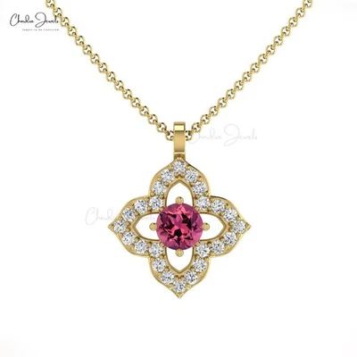 Collar Floral Oro Sólido 14k Diamante 3mm Redondo Turmalina Rosa Turmalina Colgante Foto 1 de 4