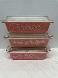 Pyrex Pink Scroll & Daisy Space Saver Casserole Dish w/LID Set Of 3 575 575 575 - Picture 1 of 11