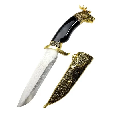 Daga de fantasía de hoja de acero inoxidable con mango de plástico negro con cabeza de ciervo de 12" Foto 1 de 2