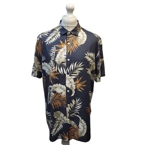 Primark Blue & Brown Leaf Print Short Sleeve Hawaiian Shirt UK Men's Size XL - Picture 1 of 5