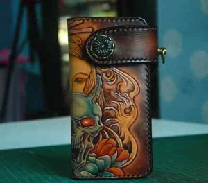 Custom Leather Biker Carved Wallet Chain Handmade Leather Mens Wallet Gift X31 - Picture 1 of 7