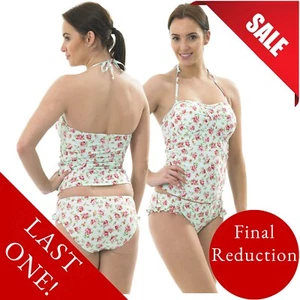 LAST ONE! Aqua Blue Ditsy Rose Floral Halterneck Tankini Set Size 10 RRP £15.99 - Picture 1 of 2