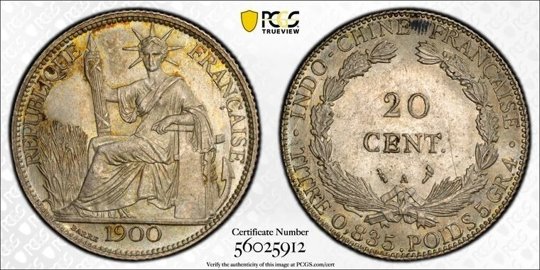 1900-A French Indo-China 20 Centimes PCGS MS62 Lot#G074 Silver! Lec-202 - Image 1 of 4