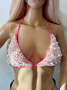 Pearl beaded hot pink bikini top festival concert rave Large - Picture 1 of 7