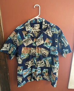 Vintage Howie Men's L Hawaiian Shirt Blue Floral Surf Camp Casual Palm Tree USA - Picture 1 of 5