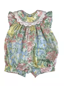 Vintage Baby Girl Bubble Romper Size 12 Mos Floral Pink Blue Big Collar - Picture 1 of 12