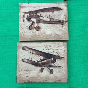 2 x Impresión de arte de pared de avión biplano estilo vintage con marco de caja de lienzo de 14"x11" - Imagen 1 de 10