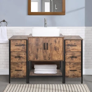 48" Bathroom Vanity Set Organizer Top Vessel Sink W/ Faucet Drain Cabinet Combo - Picture 1 of 36