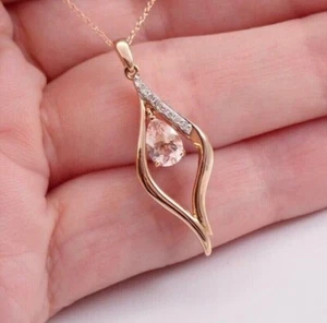 14K Yellow Gold Plated Lab Created 0.40Ct Pear Morganite Charm Pendant 18" Cable - Picture 1 of 4