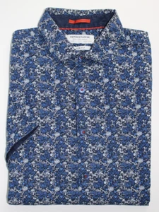 Denim & Flower Shirt - Mens SIZE LARGE "Slim-Fit" - Blue w/ White Flowers - Picture 1 of 7