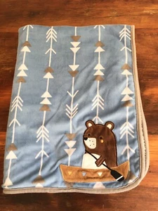 Lambs & Ivy Baby Blanket Canoe Bear Arrows Outdoors Blue Grey Sherpa - Picture 1 of 7