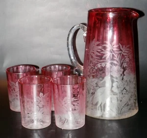 5pc Pitcher Tumblers set Northwood Rubina Glass Etched Aurora Bird Stork habitat - Picture 1 of 21