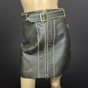 Y2K Brown leather Mini Skirt Size M Belted Zip Front Distressed Lined - Bild 1 von 10