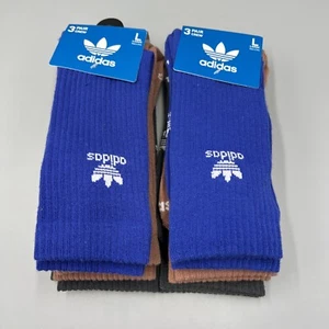 6 Pairs! Adidas Crew Socks, Blue, Grey, Brown. Sz Large, Mens 8-12, Womens 10-13 - Picture 1 of 9