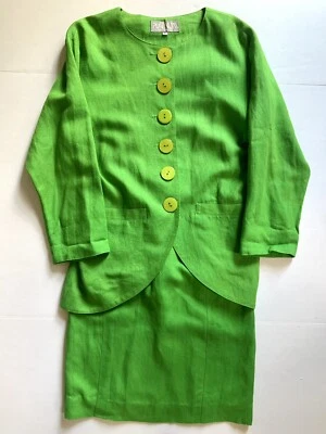 Conjunto Falda Blazer Dorothy Schoelen Verde Platino Años 80 De Colección Talla 2 Botón Grande Lino Foto 1 de 4