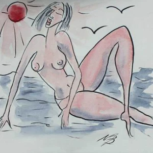 NB-ART*am Strand*Aquarell*20x20cm*Original*Nu*Akt*Erotik*Porträt*Person*Unikat! - Bild 1 von 3