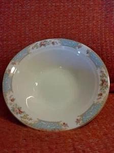 Crown Potteries Co. 9" Cuenco Redondo Rosa Azul Estampado Floral Borde Dorado Crema EE. UU. - Imagen 1 de 2