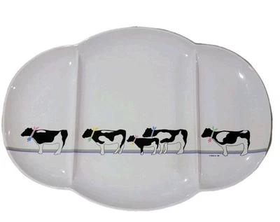Vintage 1987 Oneida Melamine Tray Divided Platter Pastel Cows w/Bows 80s Country - Image 1 of 4