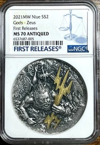 2021 MW Niue Gods Series Zeus High Relief 2 oz Silver Antiqued $2 Coin NGC 70 FR - Picture 1 of 10