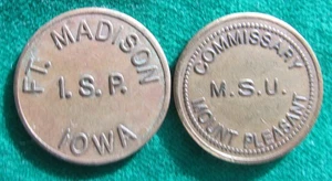 IOWA Prison Tokens Ft Madison Canteen ISP IOWA STATE PENITENTIARY & Mt Pleasant - Picture 1 of 2