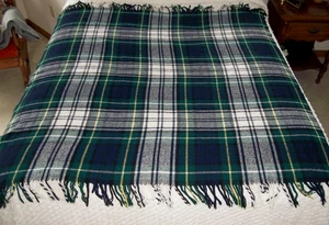 Troy Robe Plaid Wool Stadium Blanket Lap Throw 58"x 54" Fringed USA Navy Green - Picture 1 of 7