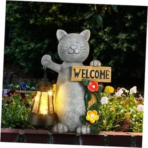 Solar Cat Statue Outdoor Decor-9.4" Welcome Garden Sculpture with Solar - Picture 1 of 7