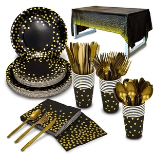 176 Pieces Gold Disposable Party Dinnerware Set &Golden Dot Disposable Party ... - Bild 1 von 7