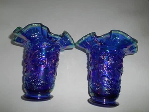 Great Pair of Fenton 95th Anniversary Blue Iridescent Wild Rose 6" Ruffled Vases - Picture 1 of 12