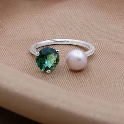 Dainty 925 Sterling Silver Green Hydro Quartz & Pearl Open Adjustable Ring - Image 1 of 4