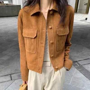 Women's Brown Suede Leather Jacket Button Down Trucker Style - Picture 1 of 6