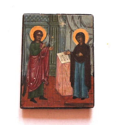 Fragment d' icône sur bois figurant l'Annonciation. Russie, XIXe siècle. - Photo 1/4