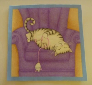 1 Iron On Fabric Material Appilque Grey White Sleeping Cat Blue Frame #A - Picture 1 of 1