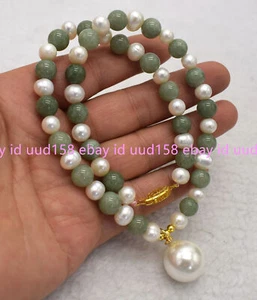 Natural 8mm White Shell Pearl&Green Jade Round Gems Beads Necklace Pendant 18'' - Picture 1 of 12