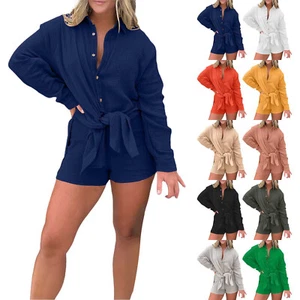 Women's 2 Piece Outfits Long Sleeve Button Down Shirts and Shorts Set Loungewear - Picture 1 of 53