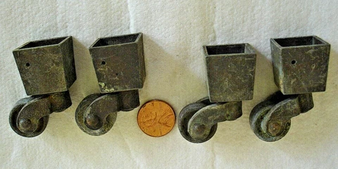 Four Small Vintage Brass Square Cup Castors Swivel Furniture Wheels w/Age Patina Cover