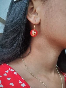 Red Drop Dangle Earrings 22KT Gold Flakes Women Girl Jewelry Elegant Preppy - Picture 1 of 5