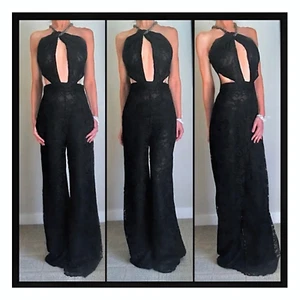 Dundas Women Crystal Twist Halter Jumpsuit Open Back Lace Wide Leg 4 40 Small S - Bild 1 von 5
