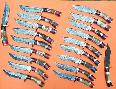 Set of 20 - 10" Damascus Steel Knife, Stag Handle With Brass Guard & Sheath - Image 1 of 4