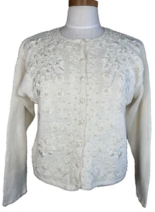 Tiara Petite Medium Vintage Beaded FloralIvory Sweater Cardigan Granny cottage - Picture 1 of 16