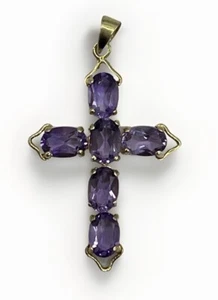 14k 585 Yellow Gold Cross Pendant with Amethyst February Birthstone - Picture 1 of 13