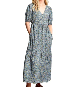 Joules Womens Aura Midaxi Tiered Cotton Dress size 18 Pockets Blue Yellow Ditsy - Picture 1 of 8