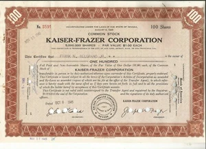 100 Aktien. KAISER-FRAZER Corp. !! 9. August 1945. Tolle Autos & LKWs für den 2. Weltkrieg.!! - Bild 1 von 2