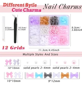 Kit Borchie Nail Art, 12 Griglie 8 Colori Charms 3D e Mix Rosa Stella Bianca Cuore Mo - Foto 1 di 7