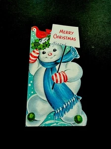 1 Vintage Marjorie Cooper Weihnachtsgrußkarte süßester Schneemann mit blauem Schal, roter Vogel - Bild 1 von 3