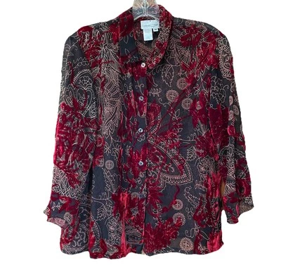 Coldwater Creek blouse top Sz M red black Burnout chiffon velvet sheer Goth Whim - Image 1 of 4