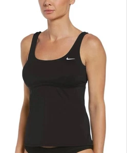 Nike Swim Women’s Solid Black Logo Essential Scoop Neck Tankini Top Size Medium - Picture 1 of 9